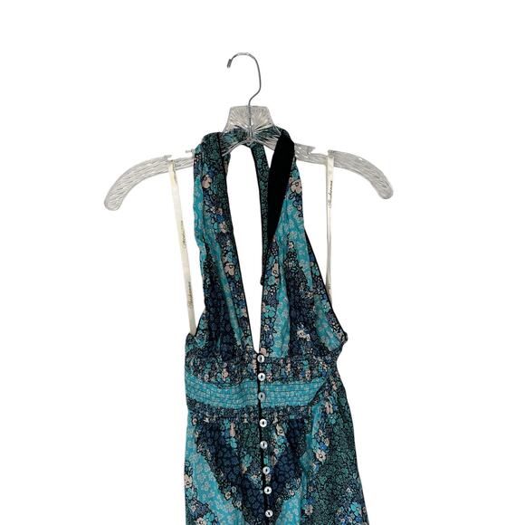 Shoshanna Blue Floral Button Front V-Neck Smocked Halter Midi Dress Size Medium - Picture 4 of 11